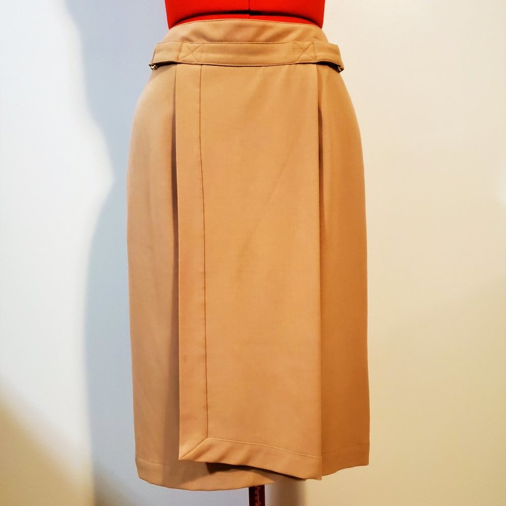 “Worthington” Tan Faux Wrap Buckle Pencil Skirt – Size 4